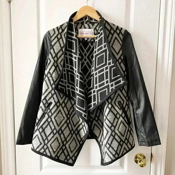 Pink  Martini Jacket Faux Leather Wool Open Front Draped Moto Black Grey Small - Picture 3 of 16